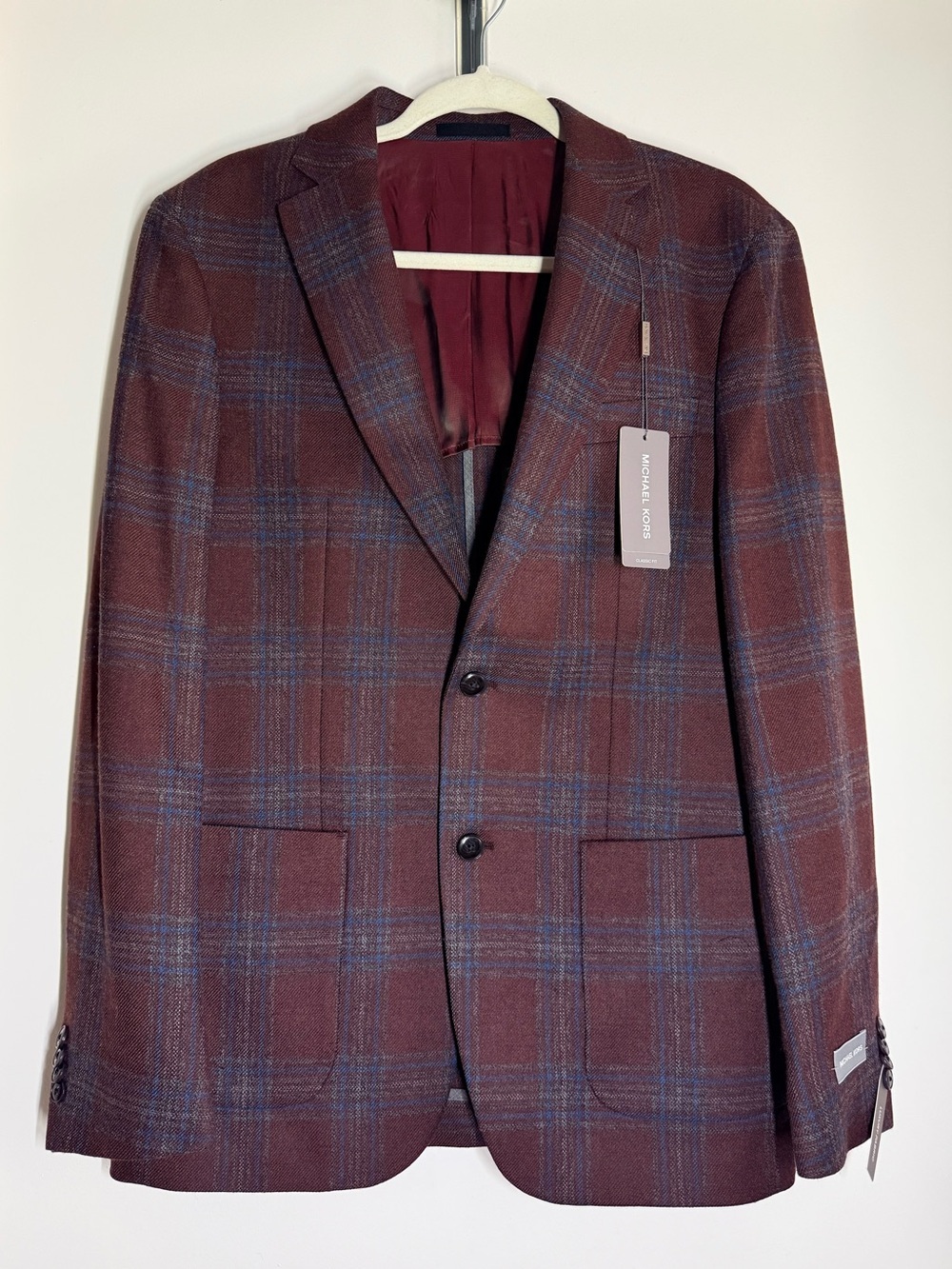 Michael Kors Men's Classic Fit Plaid Sport Coat in Brick/Blue - Picture 3 of 10